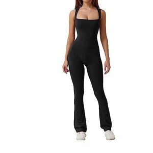 QINSEN Square-Neck Black Stretch Jumpsuit with Wide Straps SIZE S